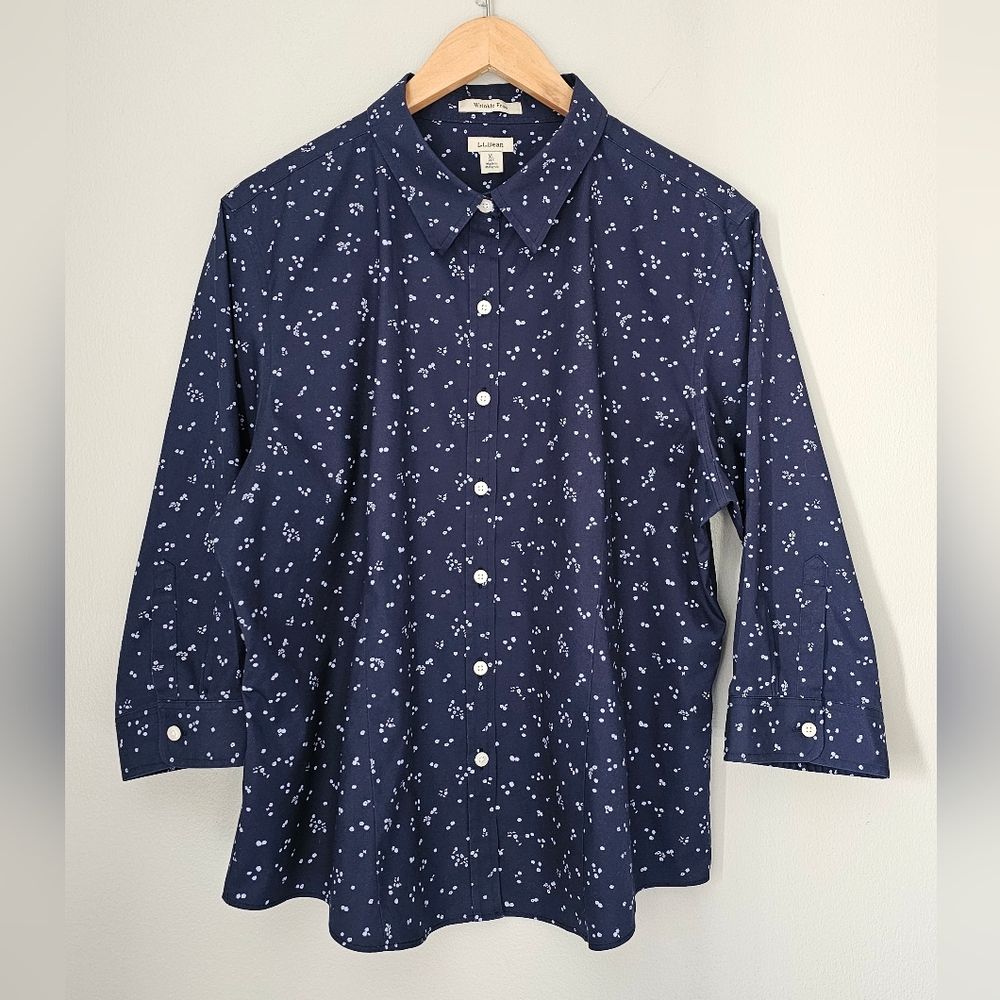 Navy Blue L.L. Bean Button Down with white little white flowers (size XLP)